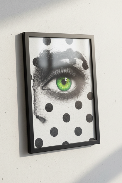 Vibrant Green Eye Polka Dot Wall Art Print | Bold Gaze Home Decor Poster | Abstract Woman&