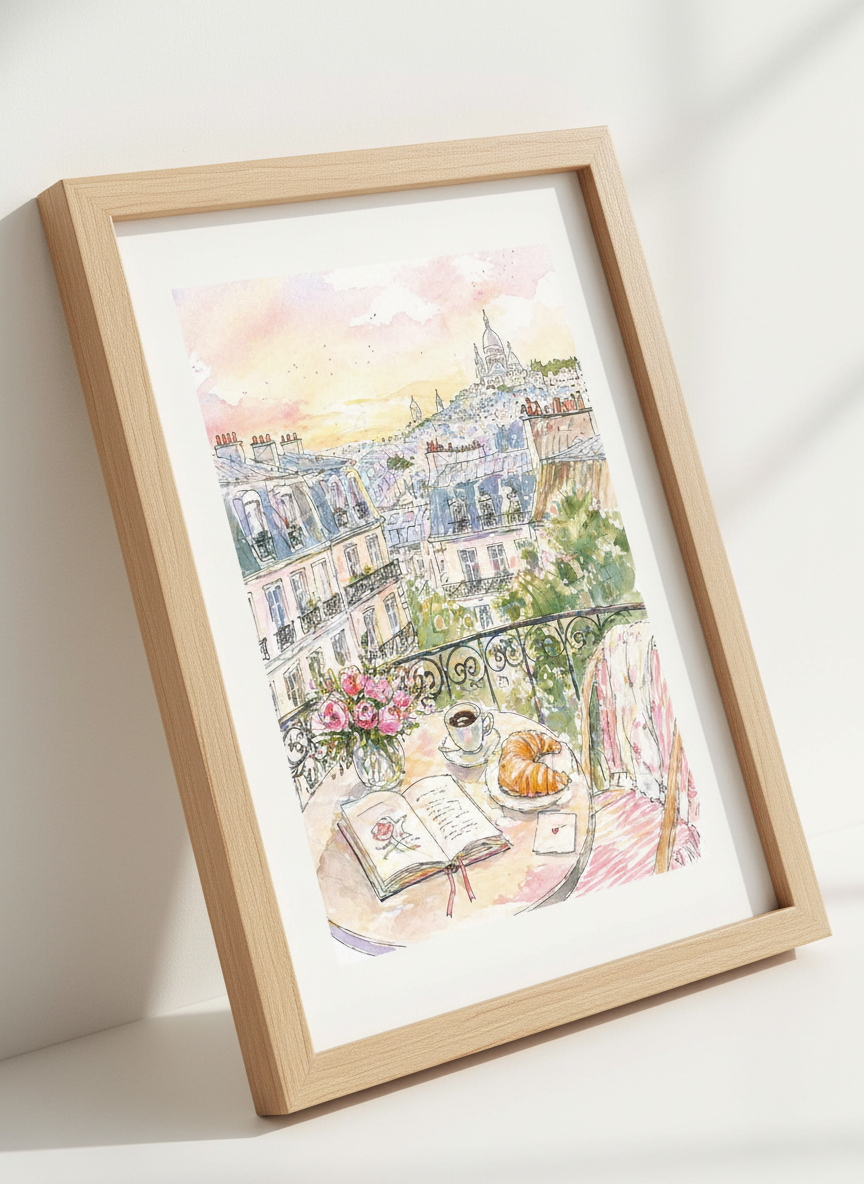 Paris Balcony View Art Print | Aesthetic Watercolor Cityscape Decor
