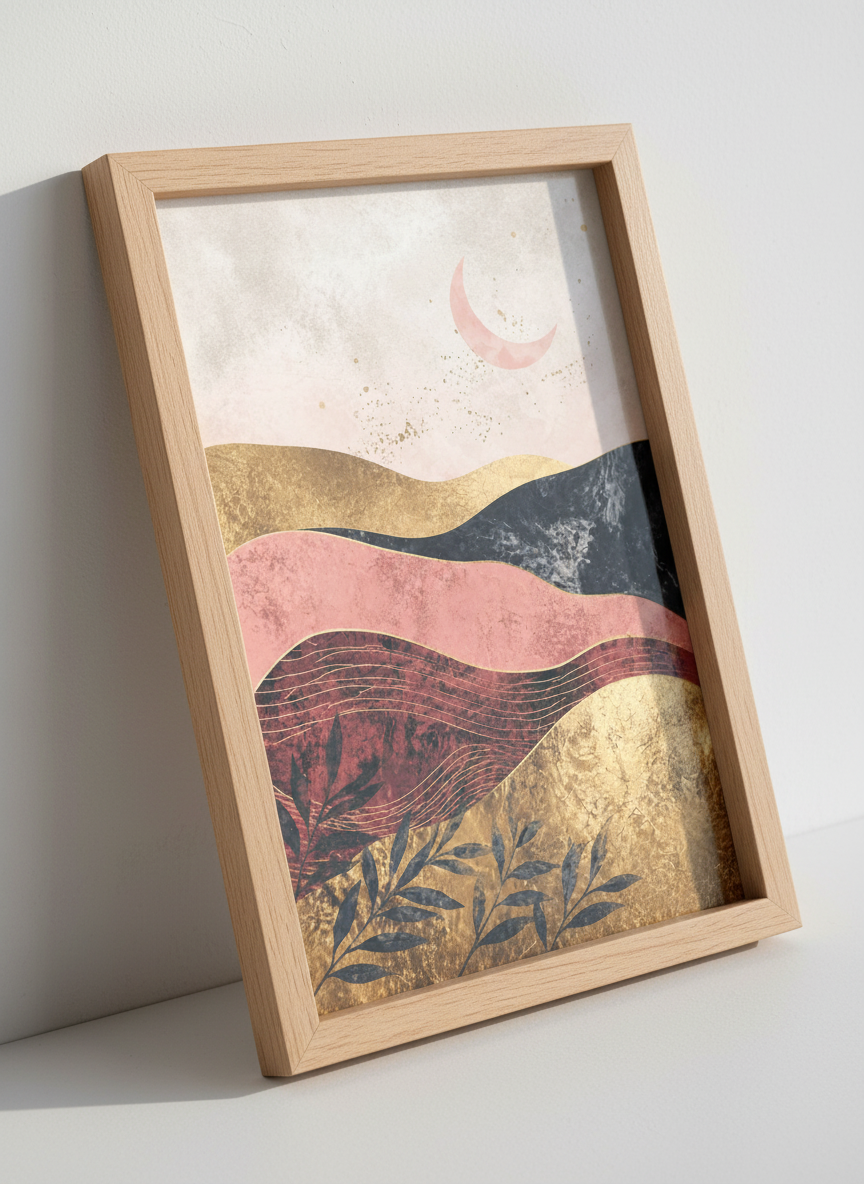 Abstract Gold Landscape Wall Art | Pink Crescent Moon Print, Boho Home Decor