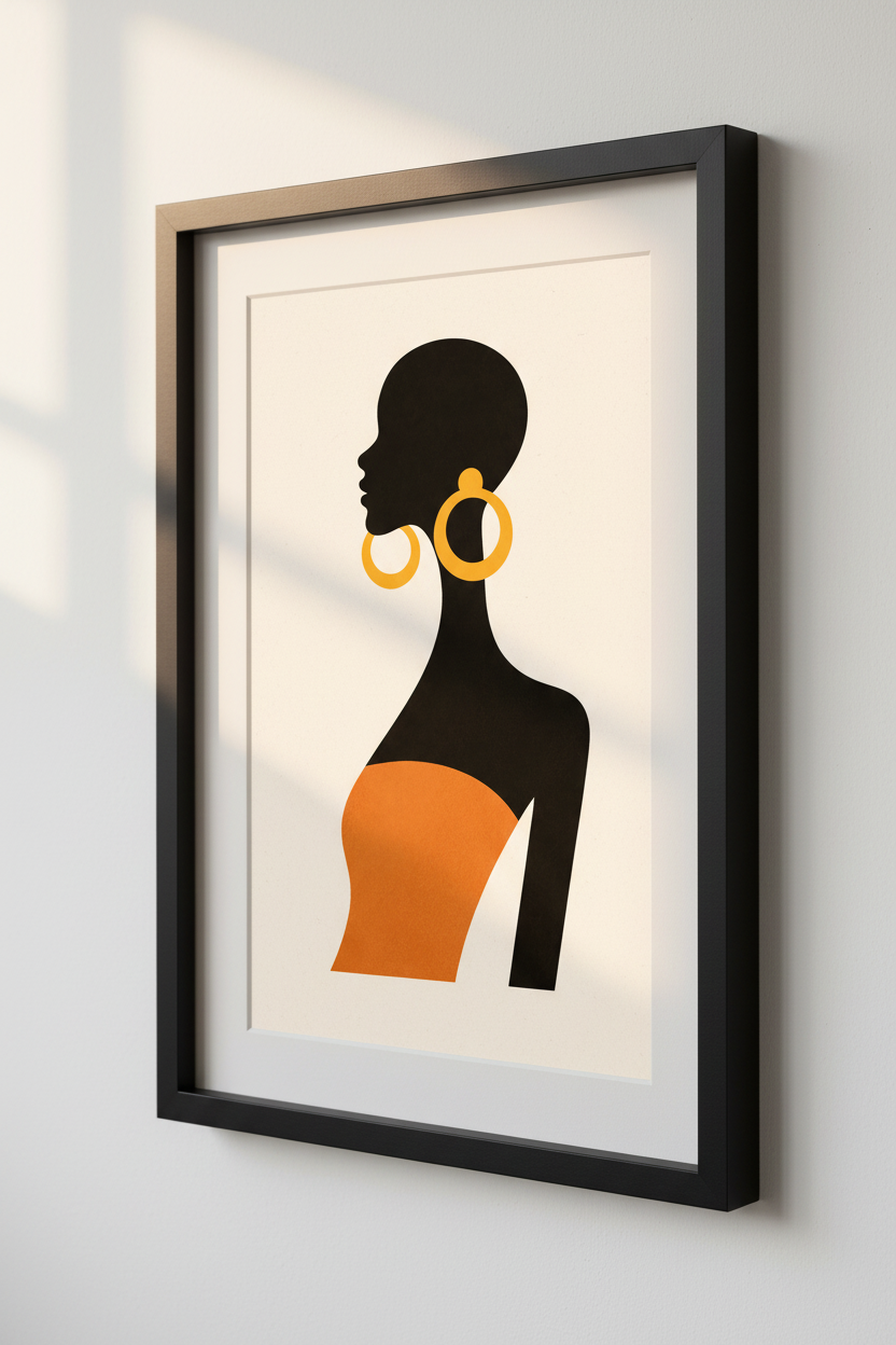 Minimalist Afrocentric Woman Wall Art Print | Bold Black &amp; Orange Silhouette Decor | Modern African Queen Poster | Home Decor