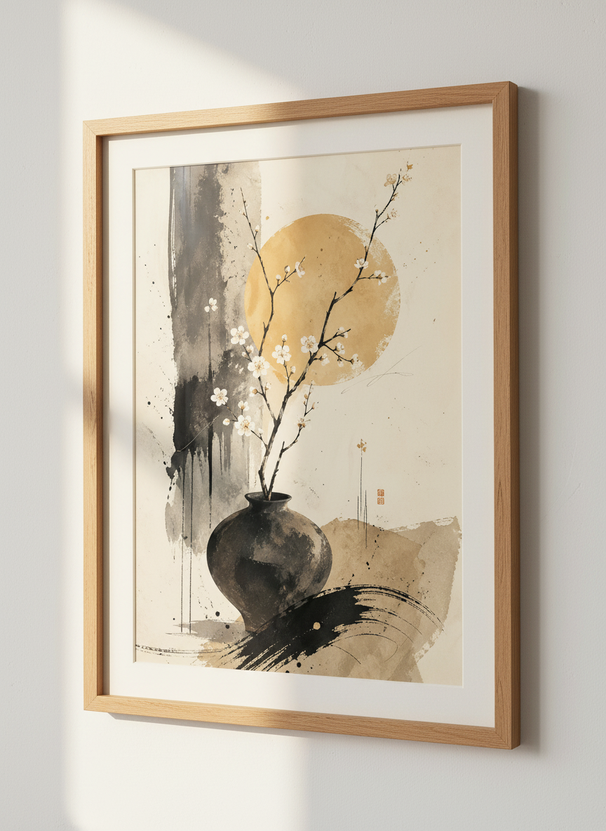 Zen Cherry Blossom Art | Japanese Style, Abstract Moon Poster | Minimalist Decor