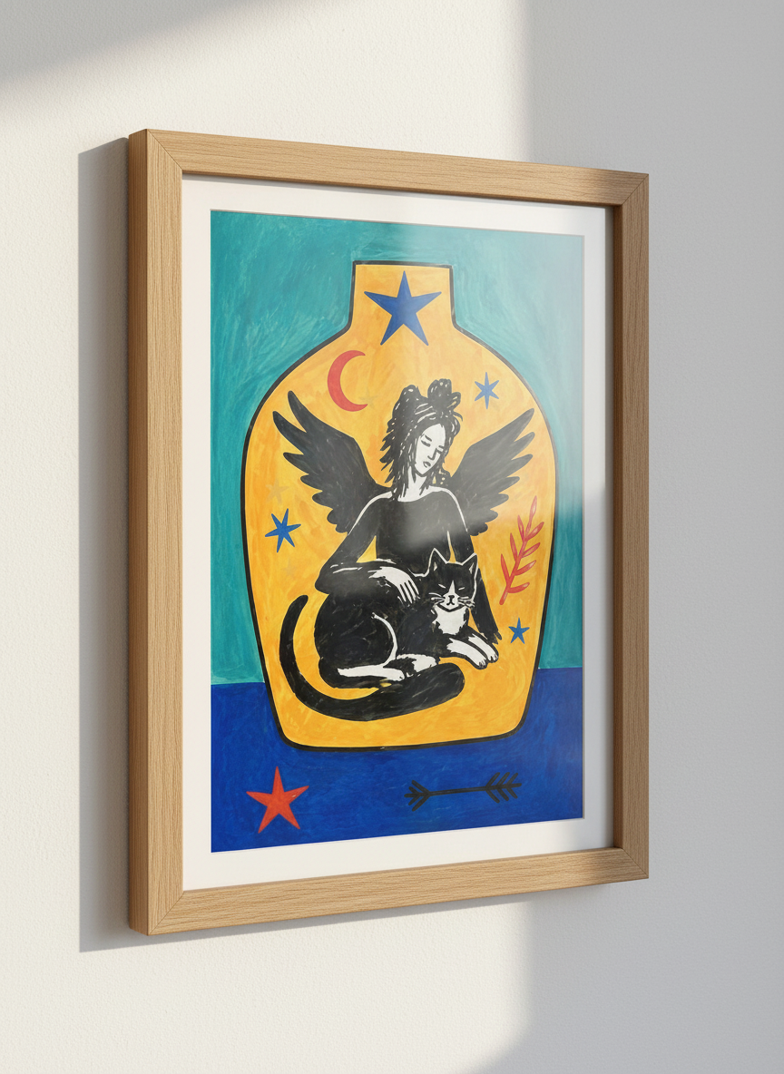 Mystical Angel &amp; Cat Wall Art Print, Bohemian Witchy Home Decor Poster with Stars &amp; Moon, Spiritual Folk Art Wall Hanging