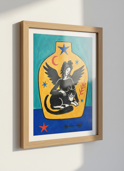 Mystical Angel &amp; Cat Wall Art Print, Bohemian Witchy Home Decor Poster with Stars &amp; Moon, Spiritual Folk Art Wall Hanging