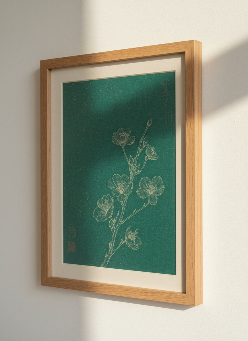 Asian Floral Wall Art | Dark Green Bloom Print | Zen Decor
