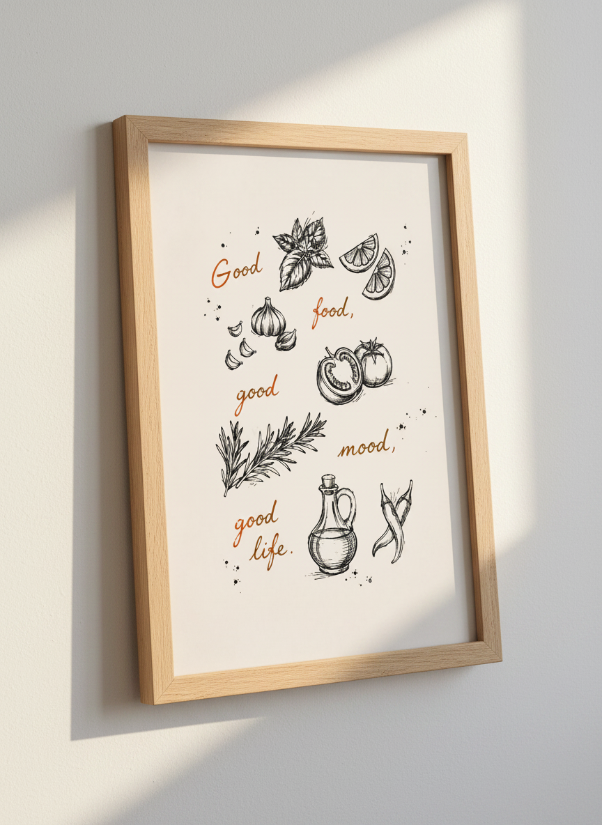 Good Food Good Mood Good Life Print | Kitchen Line Art, Minimalist Decor Gift