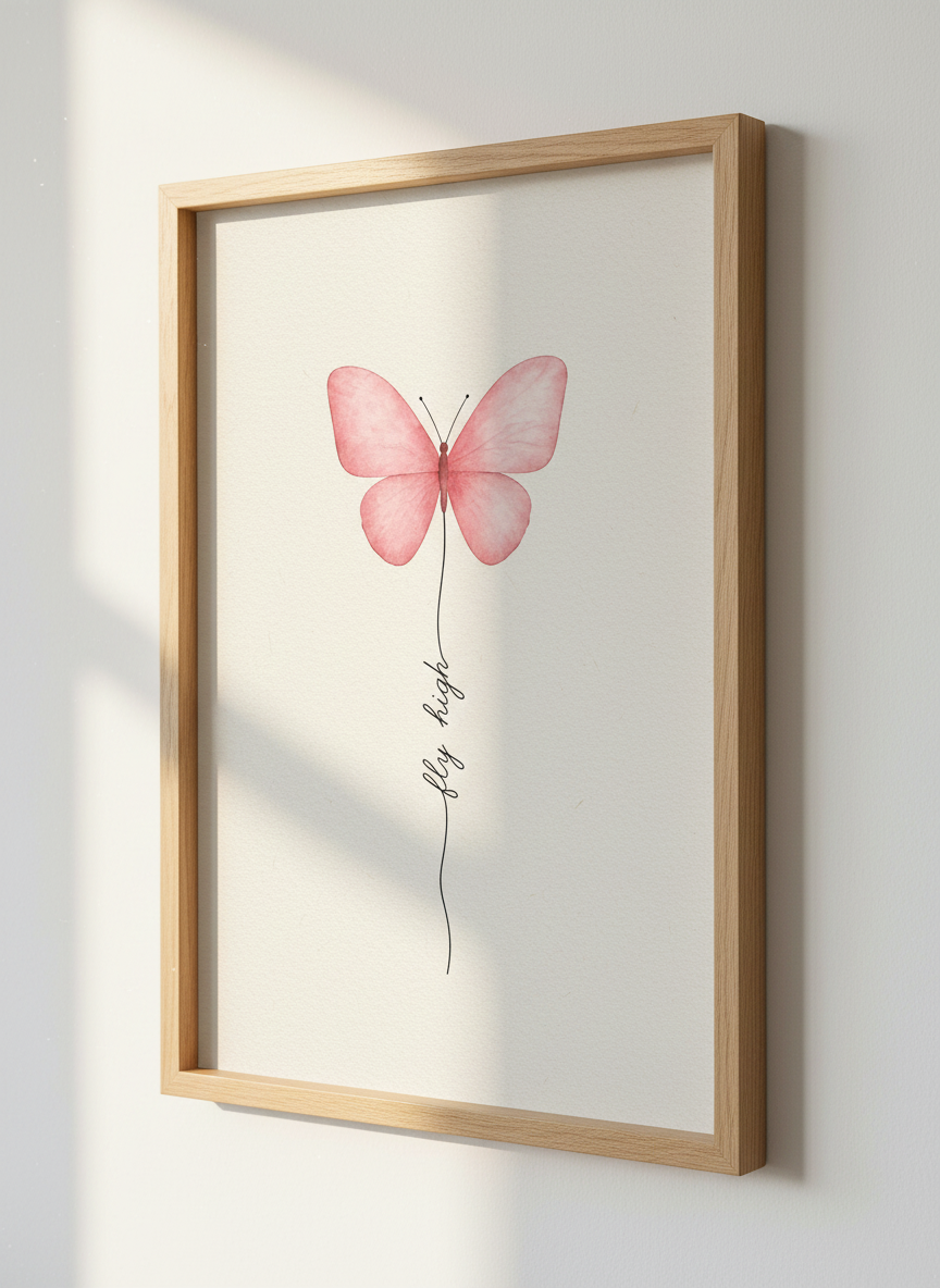 Watercolor Butterfly Wall Art Print | Boho Nursery Decor | Pink Aesthetic Poster | Fly High Quote Art | Minimalist Bedroom Print