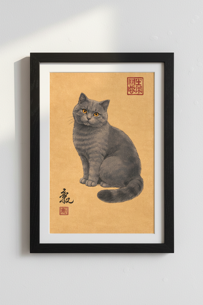 British Shorthair Cat Art Print | Traditional Japanese Style Cat Wall Art | Gray Cat Poster | Unique Pet Home Decor