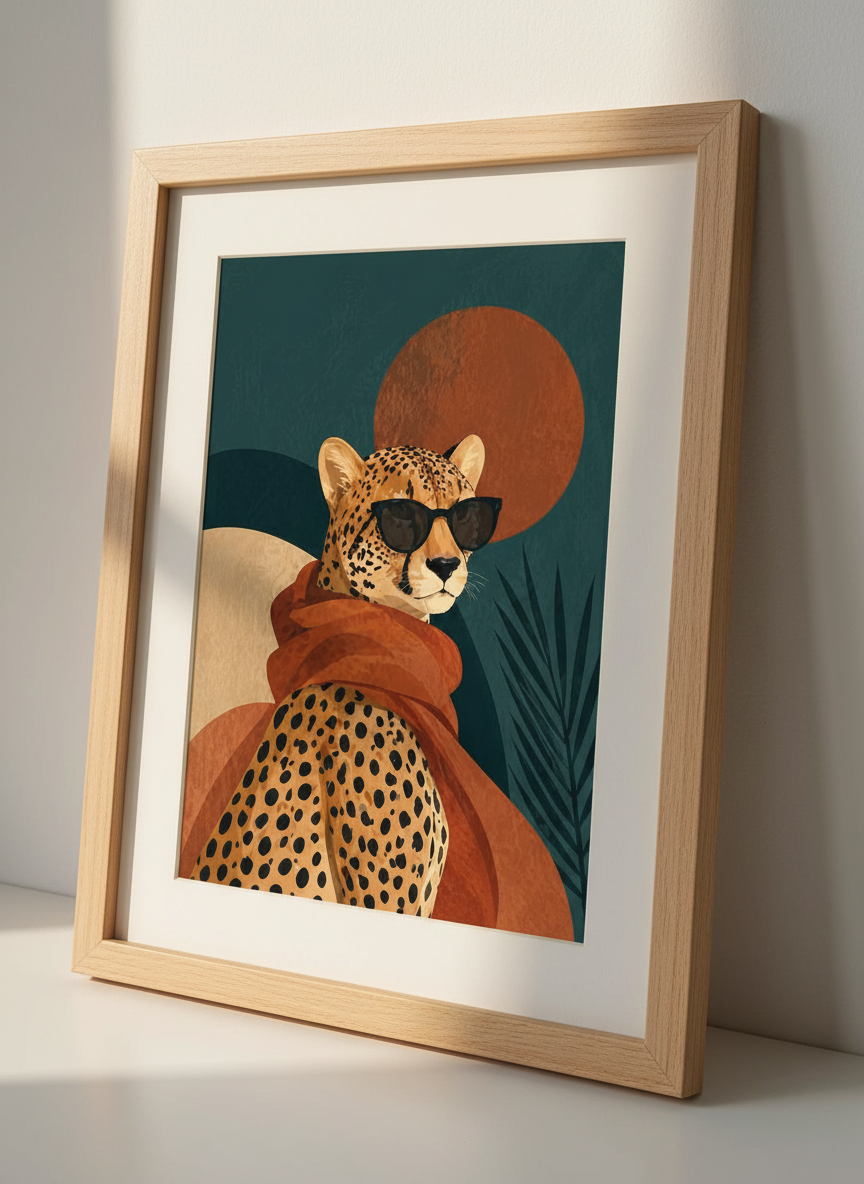 Cool Cheetah Sunglasses Art Print | Boho Chic Animal Wall Decor | Mid Century Modern