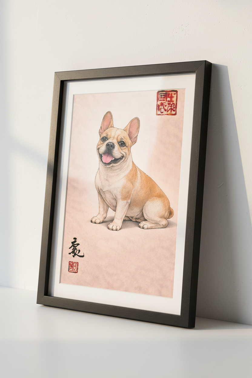 Illustration French Bulldog Art Print | Pet Lover Gift | Modern Animal Wall Decor | Beige Peach Aesthetic Poster