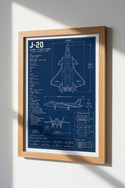 J-20 Mighty Dragon Blueprint Wall Art | Mancave Decor | Aviation Blue Poster