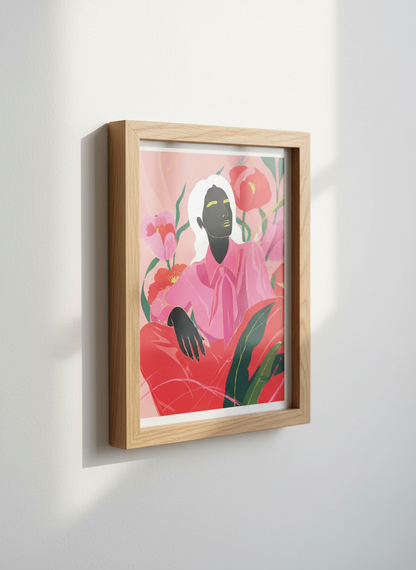 Abstract Woman Portrait | Pink Red Floral Wall Art, Living Room Decor