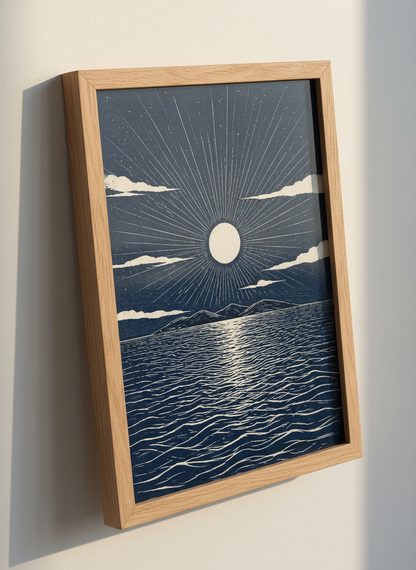 Moon Over Ocean Print | Nautical Woodcut Art, Japandi Coastal Decor, Blue Wall Art