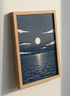 Moon Over Ocean Print | Nautical Woodcut Art, Japandi Coastal Decor, Blue Wall Art