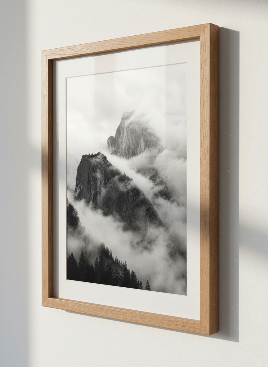 Black and White Mountain Wall Art Print | Minimalist Living Room Decor | Moody Landscape Poster | Foggy Forest Print