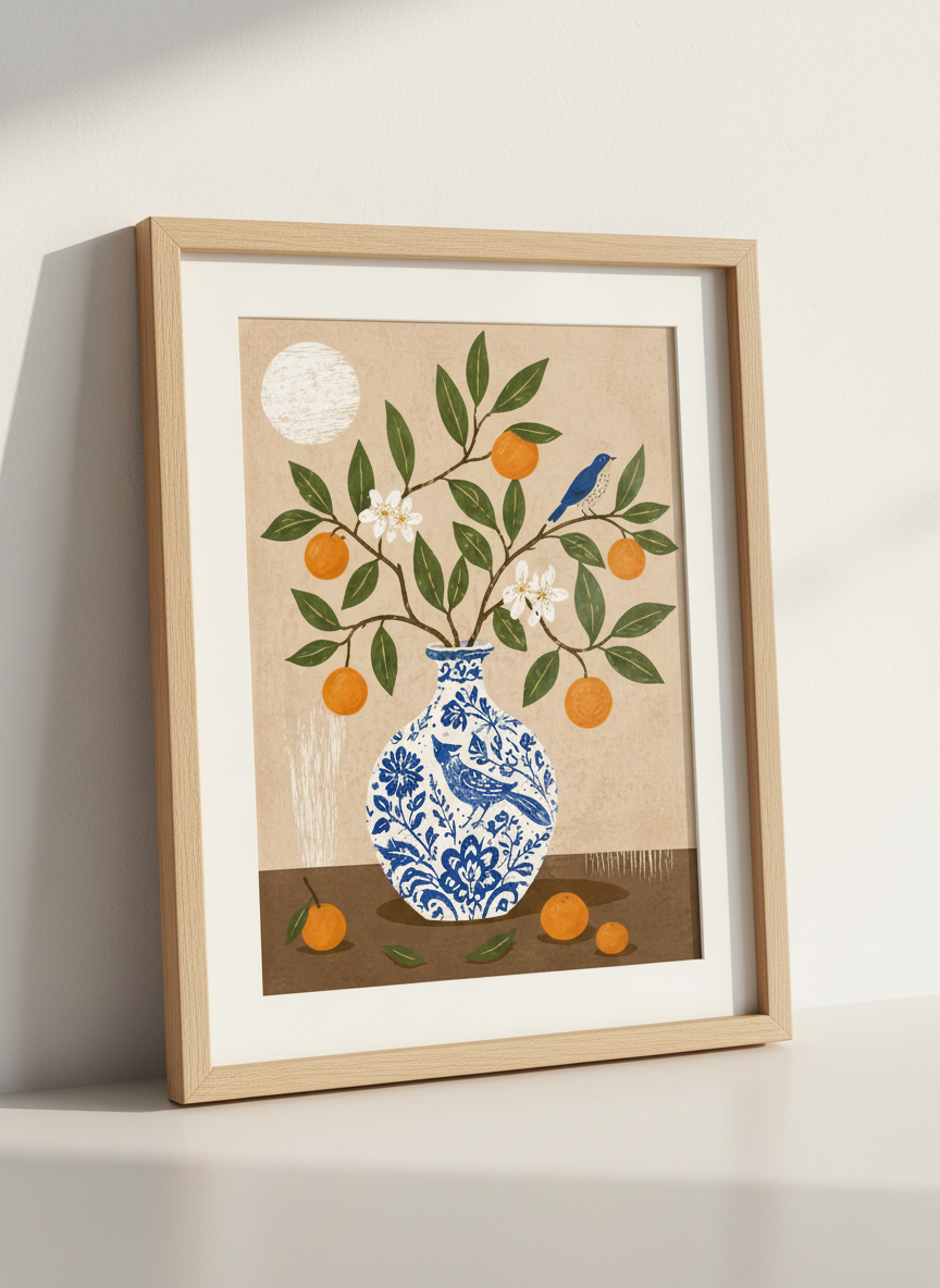 Orange Tree &amp; Bird Vase Art | Botanical Cottagecore Kitchen Decor | Neutral Poster Print