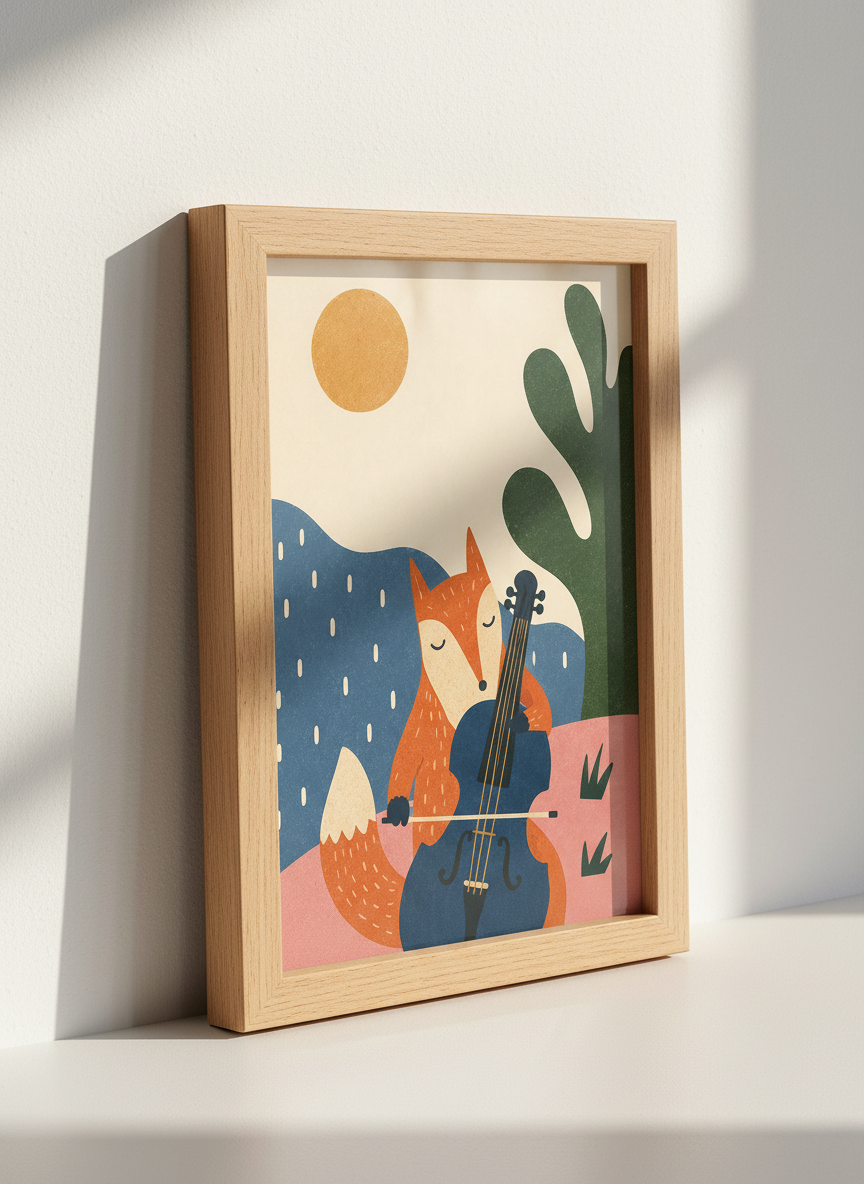 Fox Playing Cello Wall Art Print | Woodland Nursery Decor | Mid Century Modern Poster
