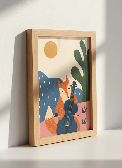Fox Playing Cello Wall Art Print | Woodland Nursery Decor | Mid Century Modern Poster
