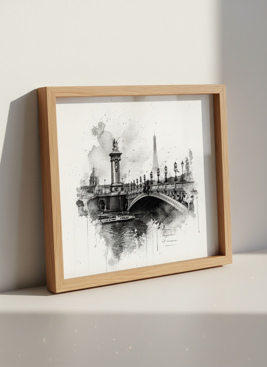 Black and White Paris Bridge Eiffel Tower Art | Watercolor Cityscape Decor | Travel Poster