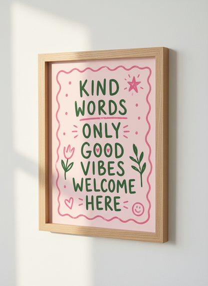 Kind Words Good Vibes Poster | Pink Green Motivational Wall Art | Positive Quote Decor