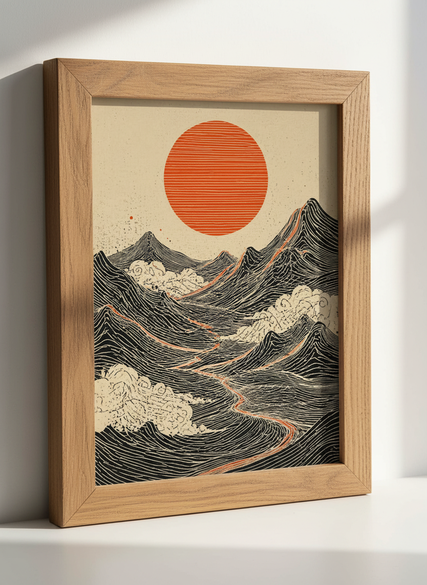 Zen Mountain Sun Art | Japanese Mountain Decor, Minimalist Landscape Poster Print