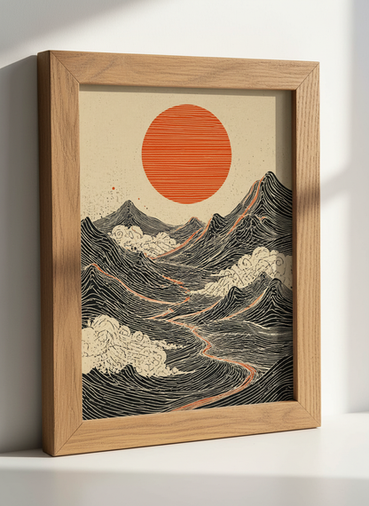 Zen Mountain Sun Art | Japanese Mountain Decor, Minimalist Landscape Poster Print