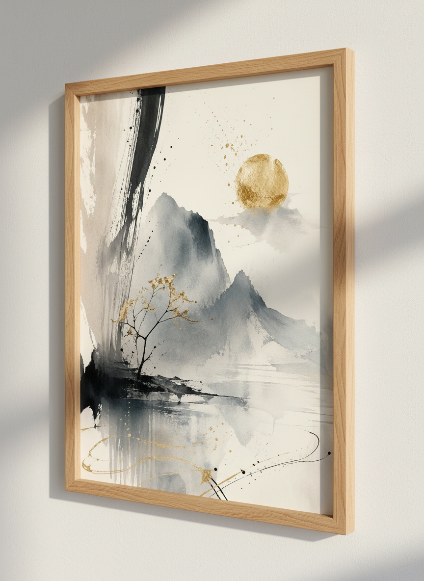 Zen Mountain Landscape Print | Gold Cherry Blossom Wall Art, Japanese Decor