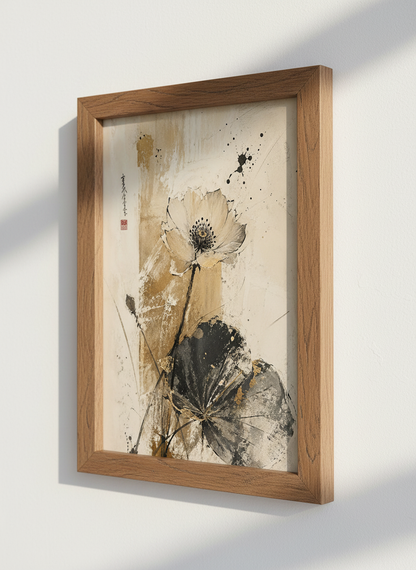 Abstract Floral Wall Art | Zen Decor, Neutral Gold Flower Print, Japandi Aesthetic