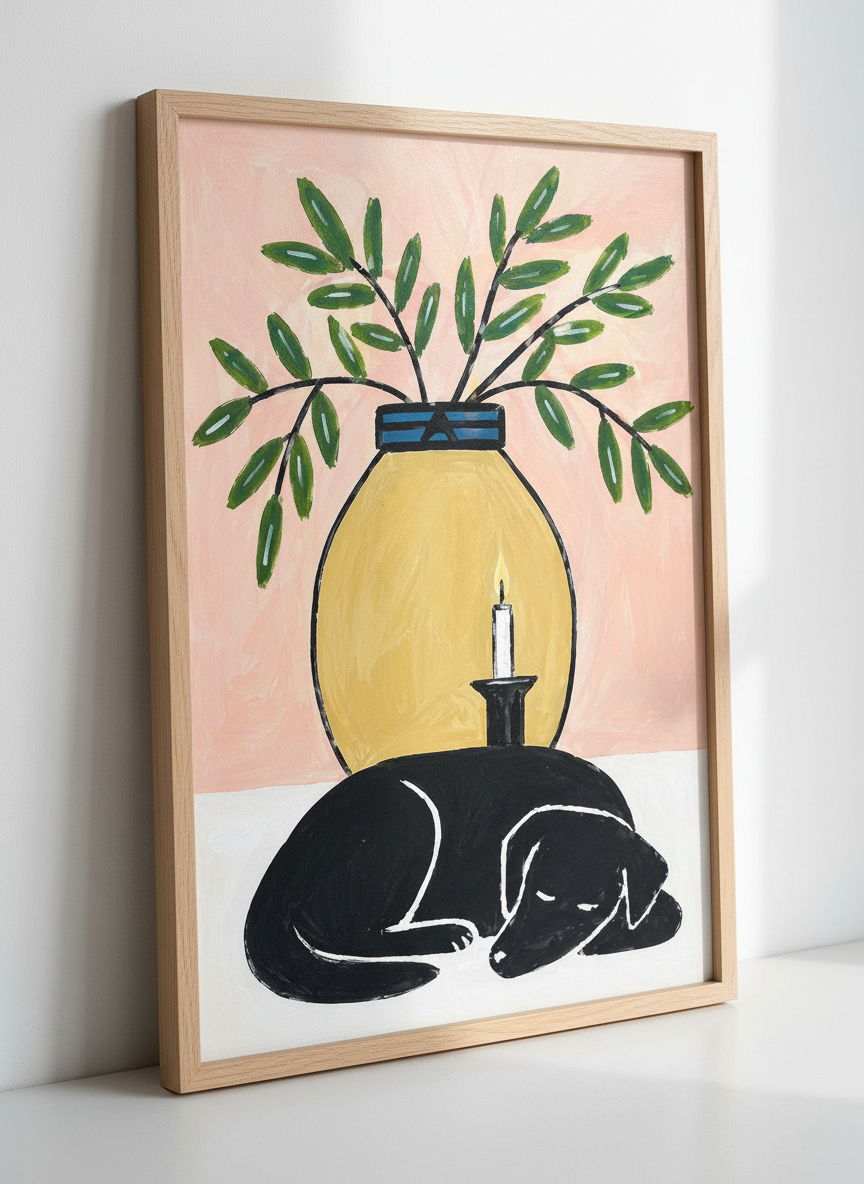 Sleeping Black Dog Art Print, Candlelight &amp; Vase Botanical Wall Art, Cozy Home Decor Poster, Minimalist Pet Lover Gift