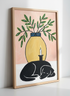 Sleeping Black Dog Art Print, Candlelight & Vase Botanical Wall Art, Cozy Home Decor Poster, Minimalist Pet Lover Gift