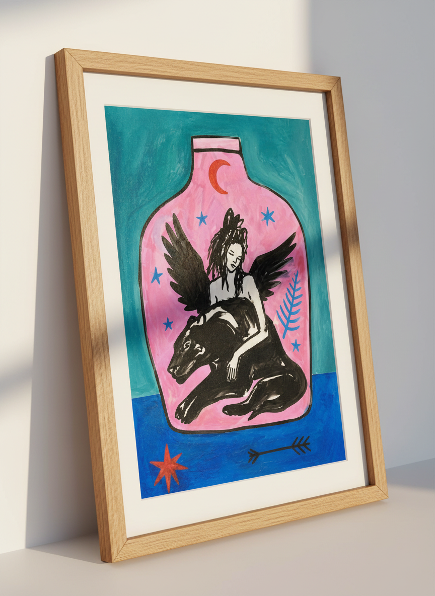 Mystical Angel Panther Art Print | Dreamy Fantasy Wall Decor | Spiritual Witchy Aesthetic Poster | Goth Pop Art