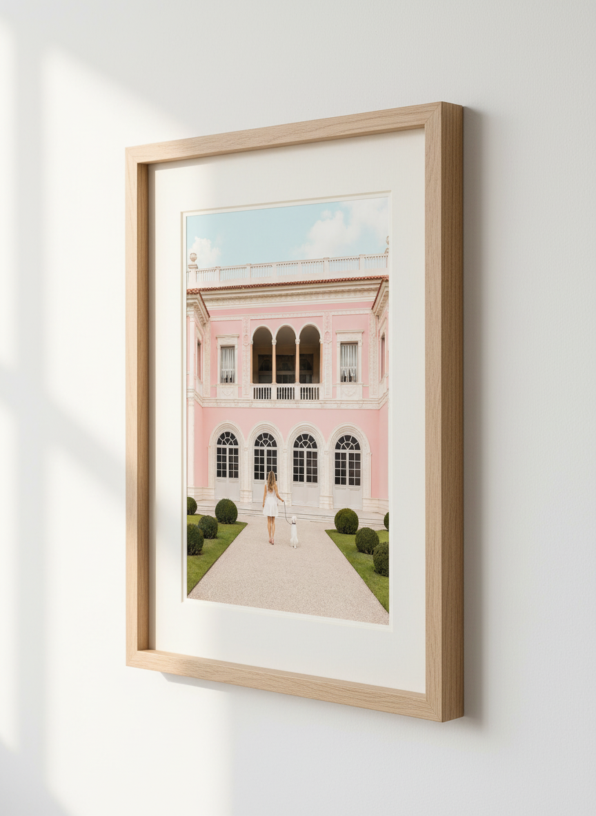 Architectural Pink Building Wall Art Print | Glam Living Room Decor | Chic Aesthetic Poster | Woman &amp; Dog Art | Grand Mansion Print