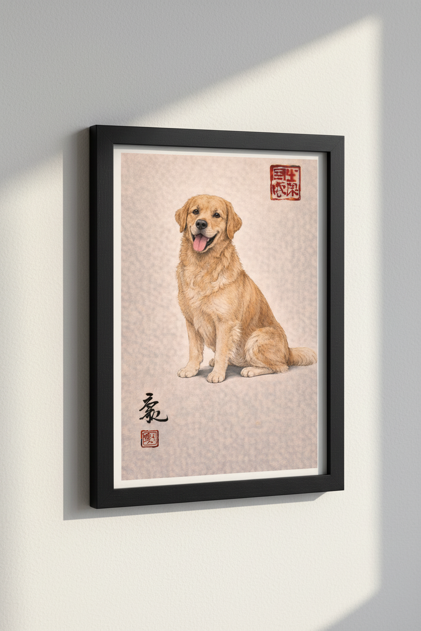 Golden Retriever Art Print | Chinese Brush Painting Dog Wall Art | Dog Lover Gift | Pet Portrait Home Decor | Animal Wall Hanging