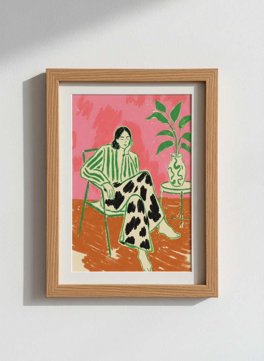 Abstract Figurative Woman Art Print | Bold Pink Green Decor | Eclectic Home Poster | Hand Drawn Wall Art | Modern Female Artwork