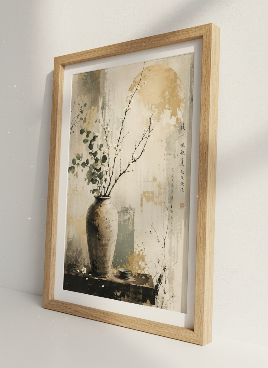 Zen Cherry Blossom Vase Art | Japanese Style Still Life Print, Bedroom Decor