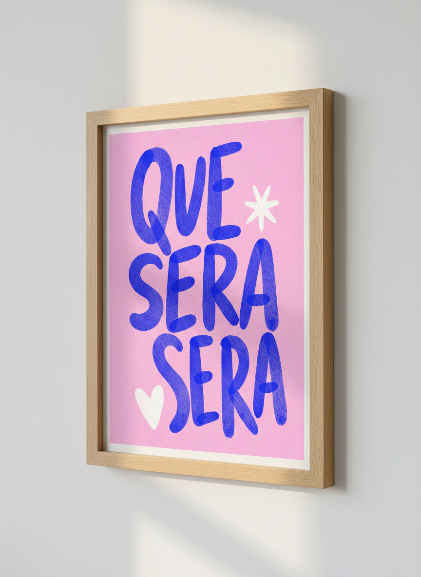 Chic Latin Quote Wall Art Print | Boho Bedroom Decor | Pink Blue Aesthetic Poster | Que Sera Sera Quote Print
