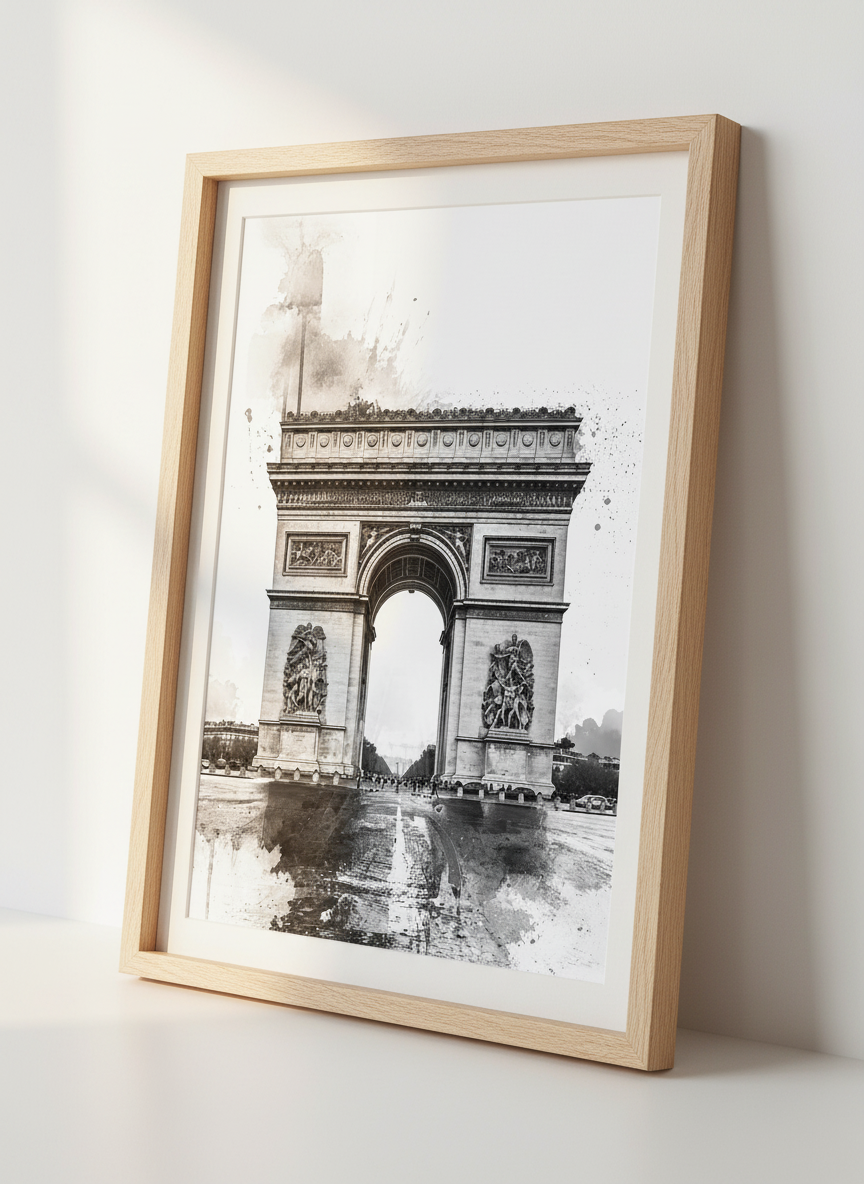 Arc de Triomphe Wall Art | Black White Travel Print, Paris Decor, Watercolor Splatter Art