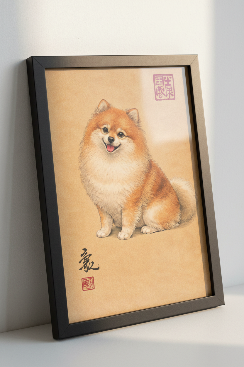 Chubby Pomeranian Wall Art | Adorable Fox Dog Print | Japanese Ink Wash Art Style Home Decor | Cute Fluffy Dog Poster
