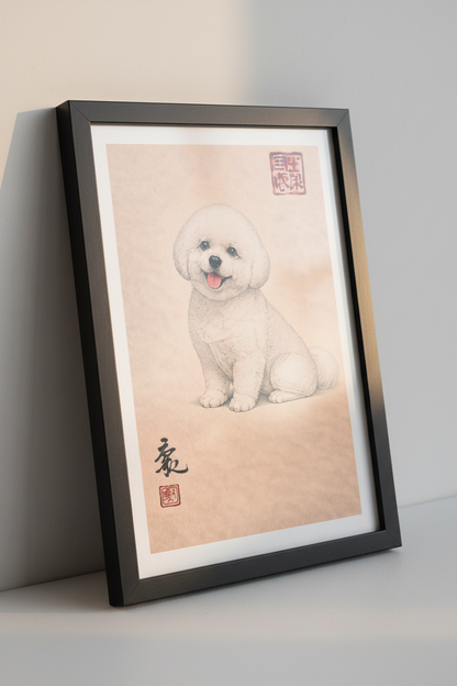 Bichon Frise Art Print | Japanese Style Dog Poster | Cute Puppy Wall Art | Pet Lover Home Decor | Eastern Ink Painting Print