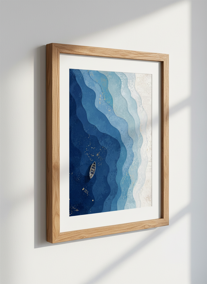 Ocean Waves Boat Art | Abstract Coastal Decor | Blue Nautical Poster Print