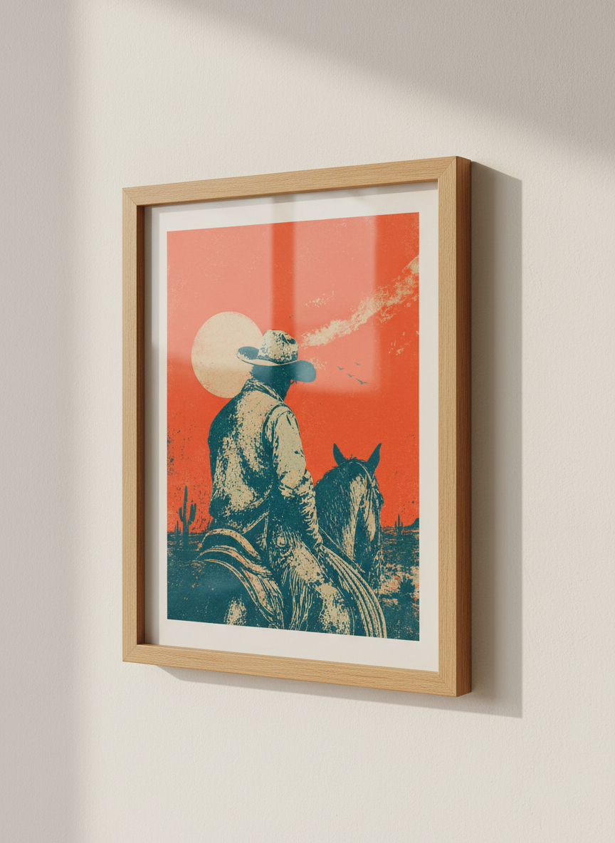 Cowboy on Horseback Wall Art Print | Western Desert Decor | Retro Sunset Poster