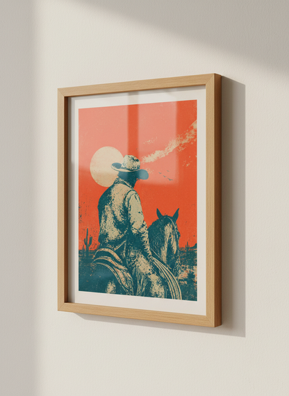 Cowboy on Horseback Wall Art Print | Western Desert Decor | Retro Sunset Poster