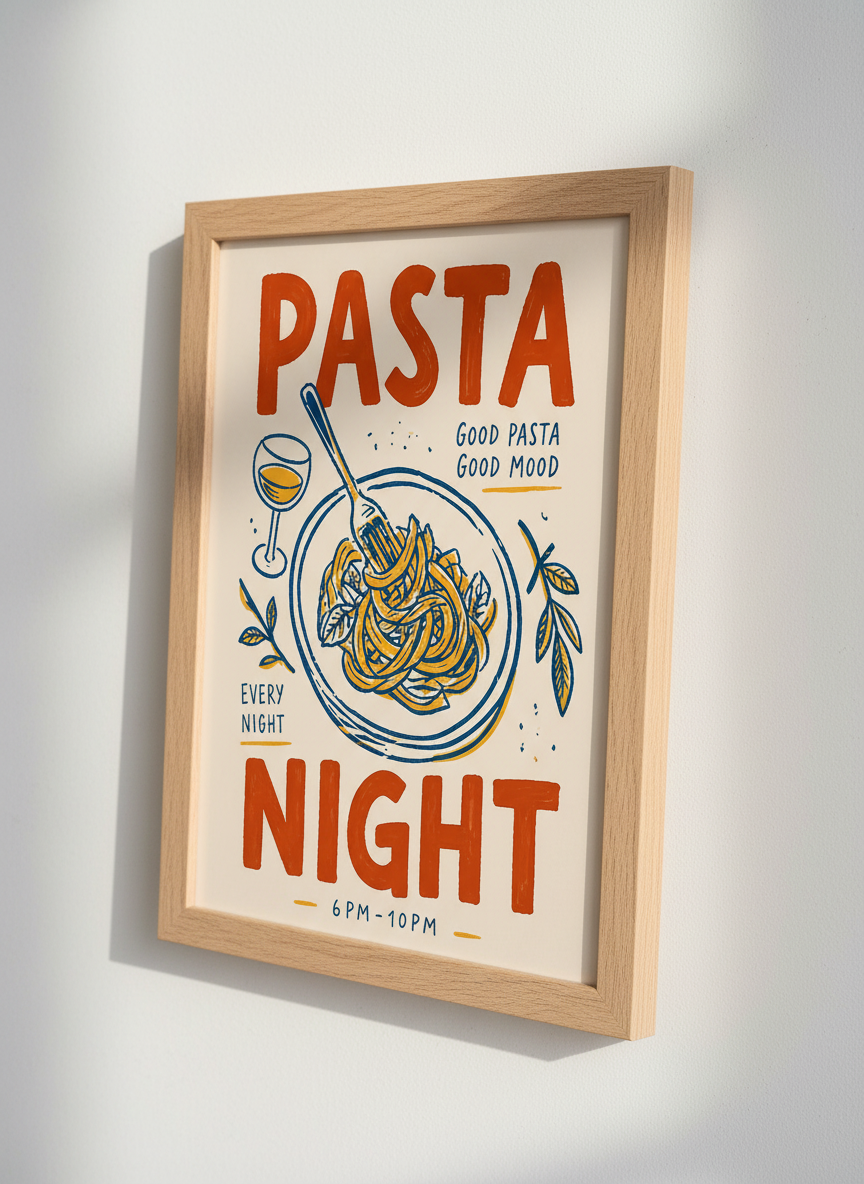 Pasta Night Kitchen Art | Retro Food Poster, Italian Restaurant Decor, Dining Nook