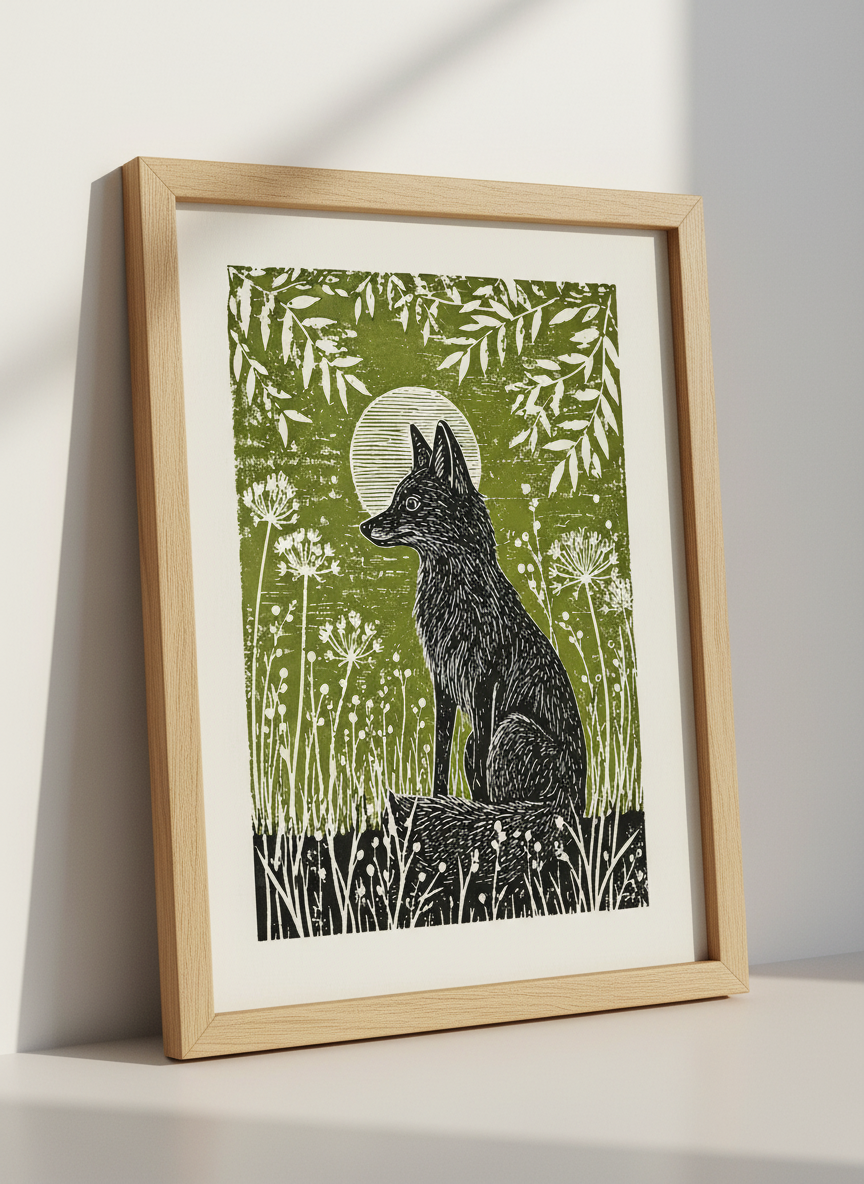 Woodblock Fox Print | Folk Art Nature Wall Art, Forest Animal Green Decor