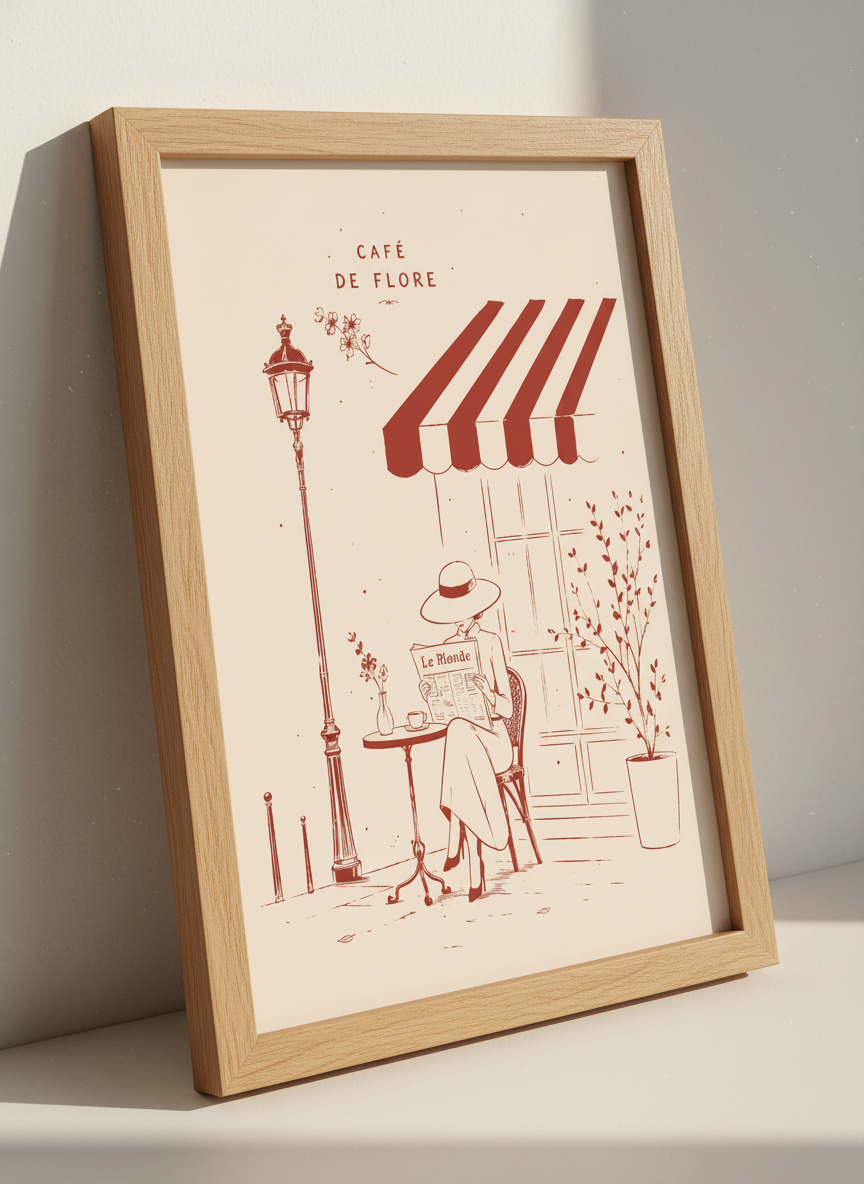 Paris Cafe Wall Art | French Woman Reading Poster | Mid-Century Modern Decor