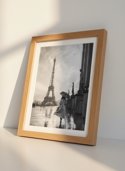 Eiffel Tower Rain Art Print | Black &amp; White Paris Wall Decor | Romantic Parisian Poster