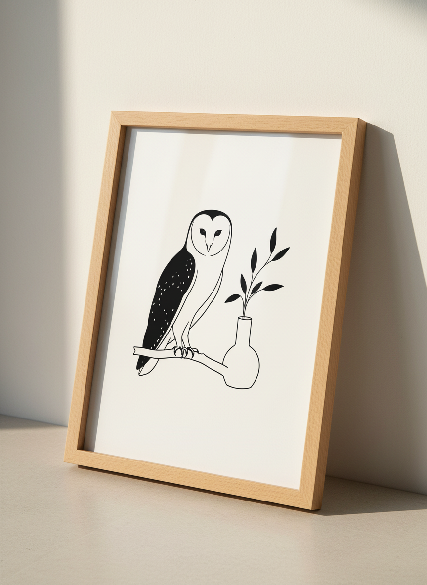 Minimalist Owl Wall Art Print | Boho Living Room Decor | Neutral Animal Poster | Cottagecore Witchy Home Art | Digital + Framed