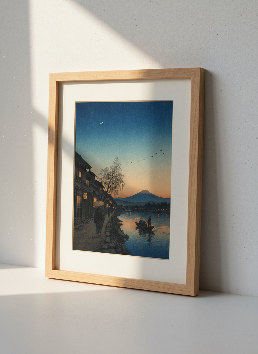 Evening Kawase Hasui Print | Japanese Woodblock Art | Mount Fuji Wall Decor | Asian Landscape Poster | Crescent Moon Art Print