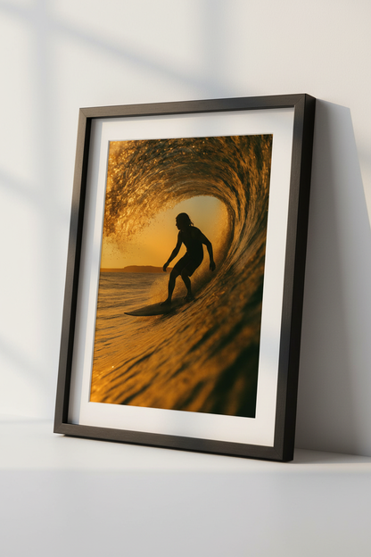 Golden Hour Surfer Wall Art Print | Ocean Wave Beach Decor | Aesthetic Surf Rider Poster | Sunset Coastal Home Art | Adventure Gift