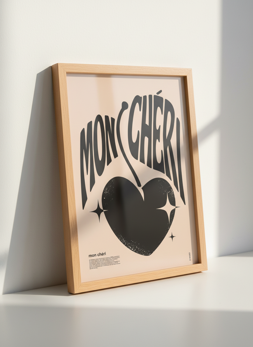Mon Chéri Love Heart Wall Art | Funky Retro Home Decor | Modern Typography Poster