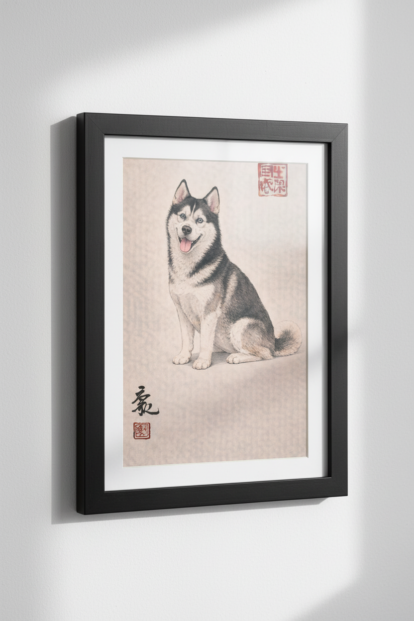 Siberian Husky Wall Art Print, Japanese Ukiyo-e Style Dog Poster, Hand-Drawn Pet Portrait, Dog Lover Home Decor, Animal Art Print
